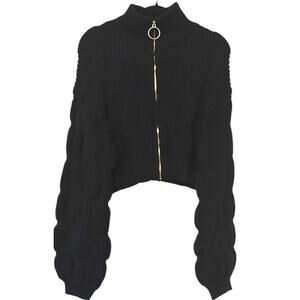 Black Full-Zip Cropped Sweater with Gold Accent- NWT